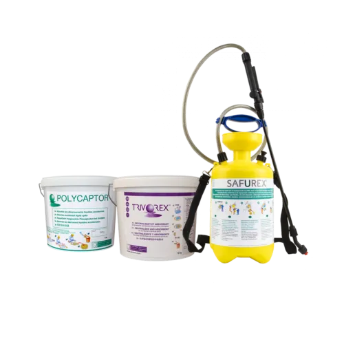 Some of our products: 5L sprayer of Safurex® chemical decontaminant, 10kg bucket of Trivorex® multi-purpose neutralizing absorbent, 4kg bucket of Polycaptor® universal absorbent