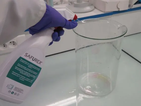 testing safurex chemical decontamination spray in a container