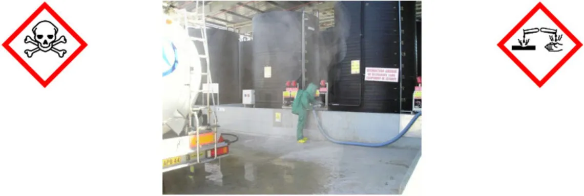 accidental chemical spill: a person wearing a protective suit prepares to use a neutralizing absorbent